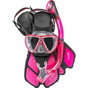 Cressi Adult Snorkel Set (Mask, Dry Snorkel, Adjustable Fins) - Light for Travel - Ocean Set: Designed in Italy (S/M | US Man 4.5/8.5 | US Lady 5/9.5 | EU 36/41, Translucent Pink)