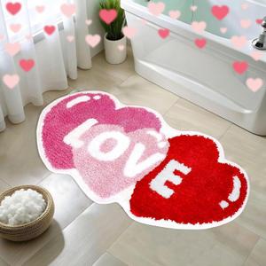 Valentines Bathroom Rug Non-Slip Love Shaped Heart Rug Pink Red Toilet Shower Mat Cute Decor for Bedroom Porch Entryway Floor Door Kitchen Washable Carpet for Home Living Room Decorations