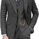Retro Mens 3 Piece Suit Tweed Herringbone Slim Fit Suits Groomsmen Brown Tuxedos Set Prom Jacket Blazer Vest Pants for Men (Medium, Grey)