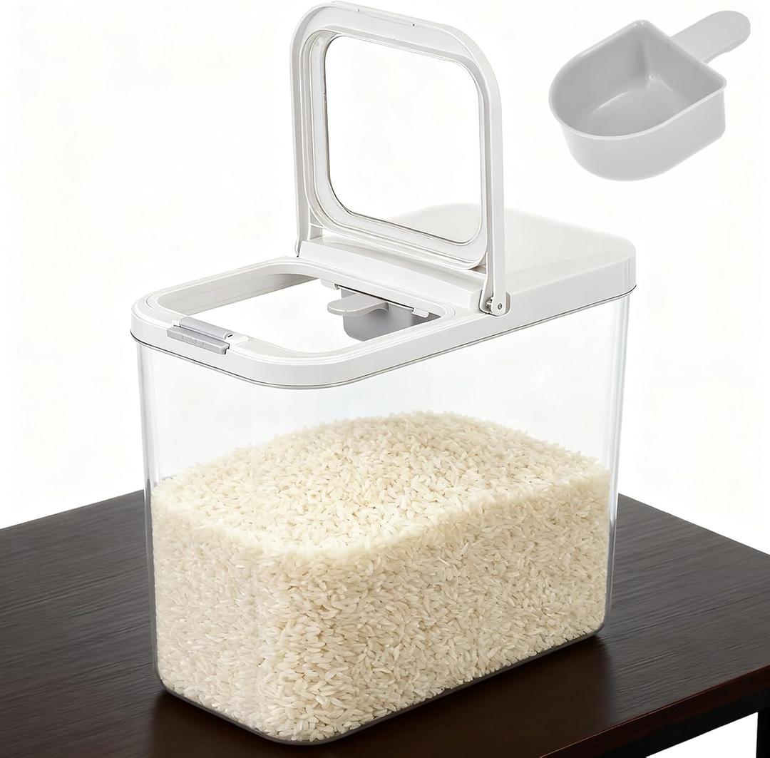 20-25 lbs Rice Dispenser with Measuring Spoon 11.4Qt/12L Tall and Narrow Food Storage Flour Bin Large Airtight Food Storage Rice Container for Kitchen Pantry Organization Slim Space-Saving