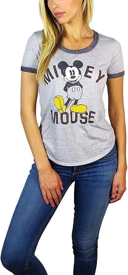 Disney Womens Mickey Mouse Burnout Ringer Tee Heather Grey (Heather Grey Mickey, Small)