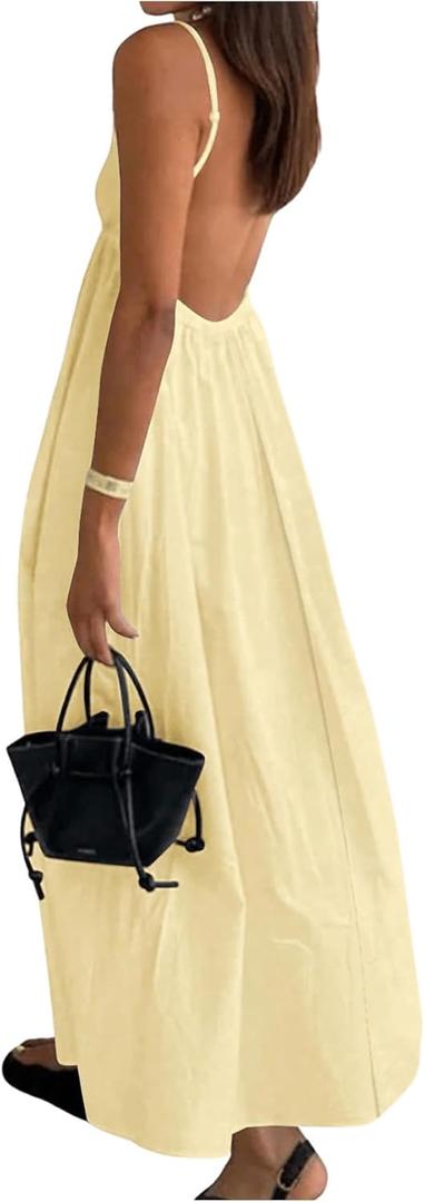 SOLY HUX Women's Summer Dress Backless V Neck Spaghetti Strap Loose Flowy Midi Cami Dresses (Large, Pure Yellow)