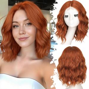 Eawwii Copper Short Wavy Wig for Women Lace Hairline Bob Style Synthetic Heat Resistant - Natural Appearance for Everyday Hairstyle 14 Inch