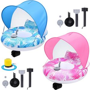 2Sets Motorized Pool Float for Adults, Electric Inflatable Pool Lounger with Canopy, Float Chair Tube with Pusher Handles, Cup Holder, Foot Pump for Summer Swimming Party Beach Water Lake(Blue Pink)
