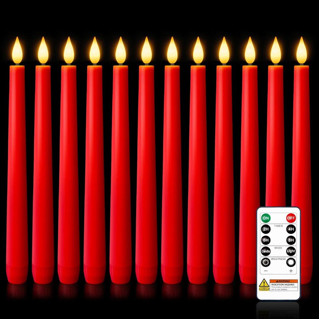 Homemory 12 Pcs Waxy Red Flameless Taper Candles with Remote, Led Flameless Candlesticks Classic Tall Candle, Flickering Battery Operated Taper Candles for Bedroom, Dining Room, 9.6 inches Red