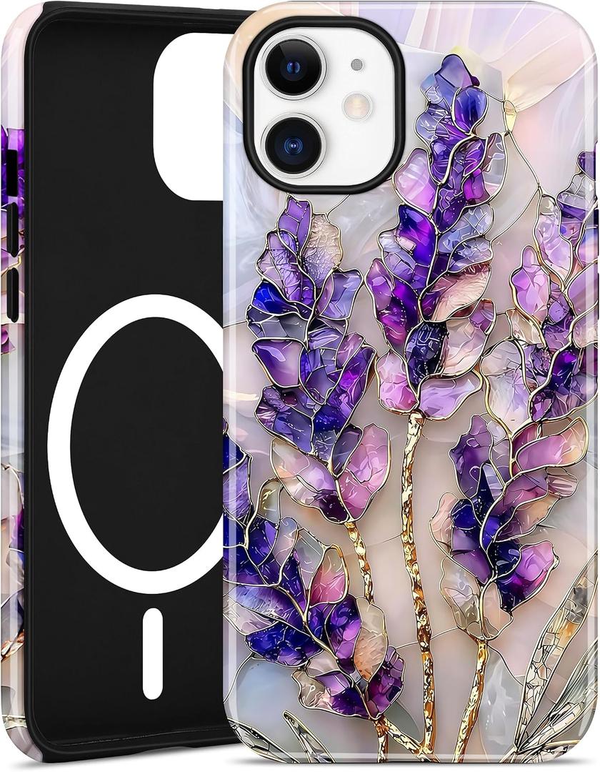 Compatible with MagSafe Flower Phone Case for iPhone 17, Cute Magnetic Stained Glass Floral Aesthetic Soft Shockproof Protective Phone Cover for Women Girls-Purple Lavender