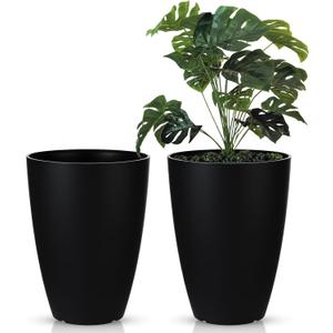 2 Pack 14 Inch Tall Planters for Outdoor Indoor Plants, Black Round Resin Plant Flower Pots with Drainage Hole for Front Porch Patio Garden Deck Living Room Decor
