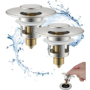 Hibbent 2 Pack All Metal Universal Bathroom Sink Stopper for 1.1''~2.3'' Basin, Pop Up Sink Drain Strainer, Brass Core Push Type Stopper, Stainless Steel Anti Clogging Drain Filter, Brushed Nickel