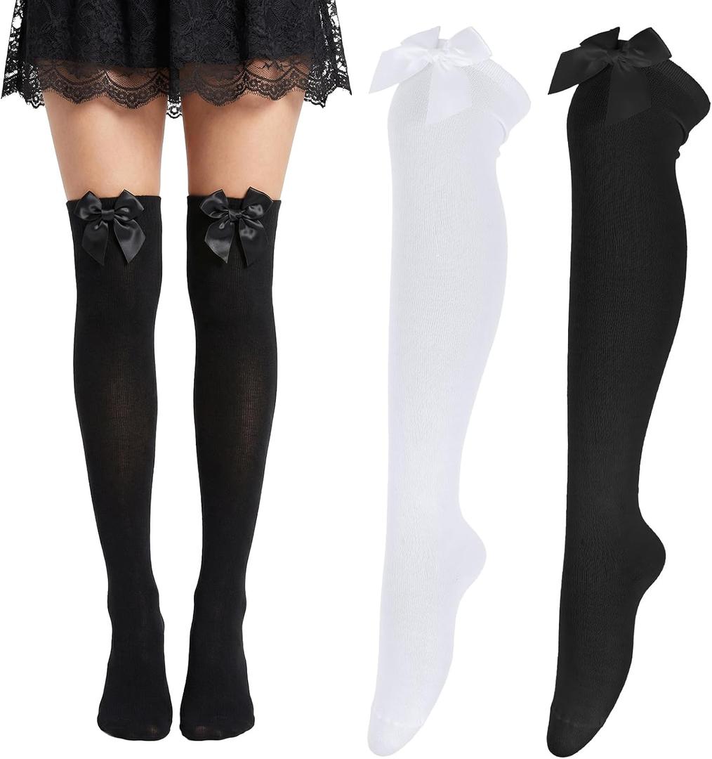 2 Pairs Knee High Socks with Bows, Bow White Stockings for Daily Wear, Stretch Girls Knee High Socks for School Uniforms, Dance, Cosplay, Costume Events(Black, White) One Size