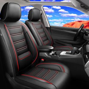 Fit Frontier Car Seat Covers for Select Nissan Frontier 2009-2025 2026 Crew Cab - Full Coverage Leather, Waterproof & All Weather Seat Cushion Protector, Full Set, Black with Red Trim