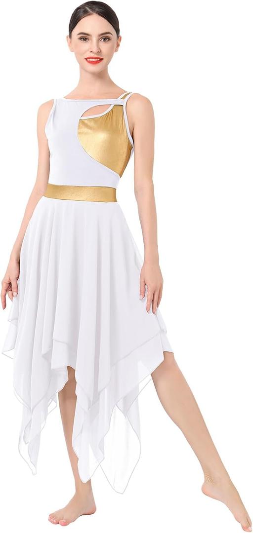 Liturgical Praise Dance Dresses for Women Adult Lyrical Dance Dress Modern Contemporary Costumes Worship Sleeveless Metallic Color Block Irregular Hem Chiffon Flowy Midi Dress Dancewear White XS
