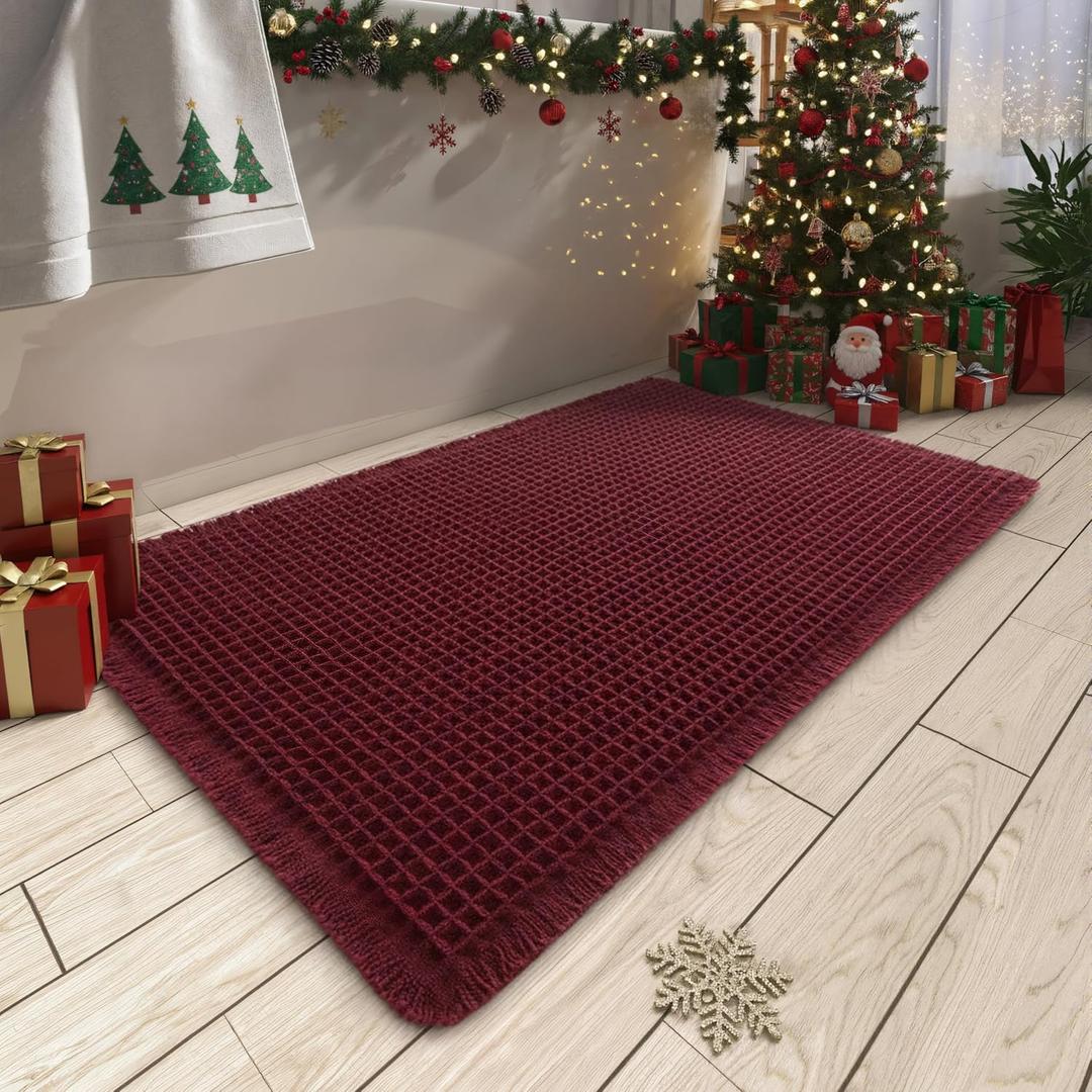 Upgraded Christmas Waffle Bath Mat, Super Absorbent Non Slip Bath Mats for Bathroom Floor, Machine Washable Bathroom Rugs with Tassels, Rubber Backed Bathroom Mats, Ultra Soft, 17" x 24", Burgundy