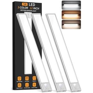 Under Cabinet Lighting Wireless, 54 LED Motion Sensor Light Indoor, 3 Color Dimmable Closet Lights Battery Operated, Rechargeable Magnetic Light, Under Counter Lights for Kitchen, Stairs, Home (3Pack)