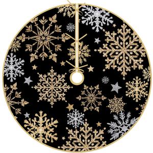 Fzbali Snowflakes Black Gold Christmas Tree Skirt, 24 Inches Lace-up Miniature Tabletop Snowy Stars Xmas Tree Skirt, Winter Holiday Party Mini Indoor Decoration Home Decor