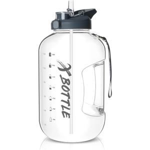 1 Gallon Water Bottle with Straw & Chug lid, BPA Free Dishwasher Safe 128oz Large Water Bottle with Motivational Time Marker and Handle Leak-proof Big Water Jug for Camping Sports Workouts (Clear)