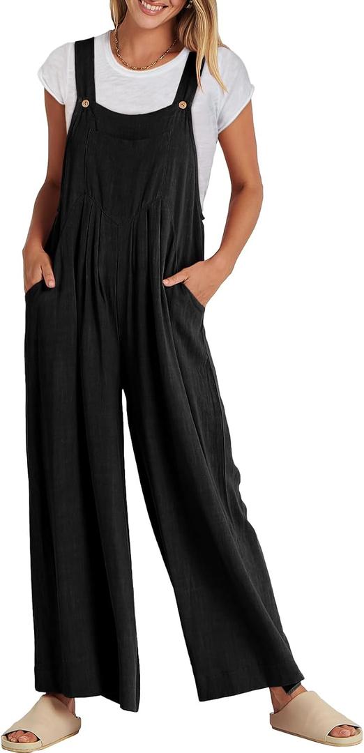 ANRABESS Womens Jumpsuits Overalls Linen Wide Leg Jumpers Casual Summer Fall Outfits 2026 Beach Vacation Clothes with Pockets (Black, XXL)