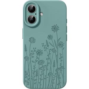 Liquid Silicone Case for iPhone 16 Compatible with Magsafe, Fall Engraved Floral Design Shock Proof Heavy-Duty Protection Hard Phone Case for Women Girls, Midnight Green