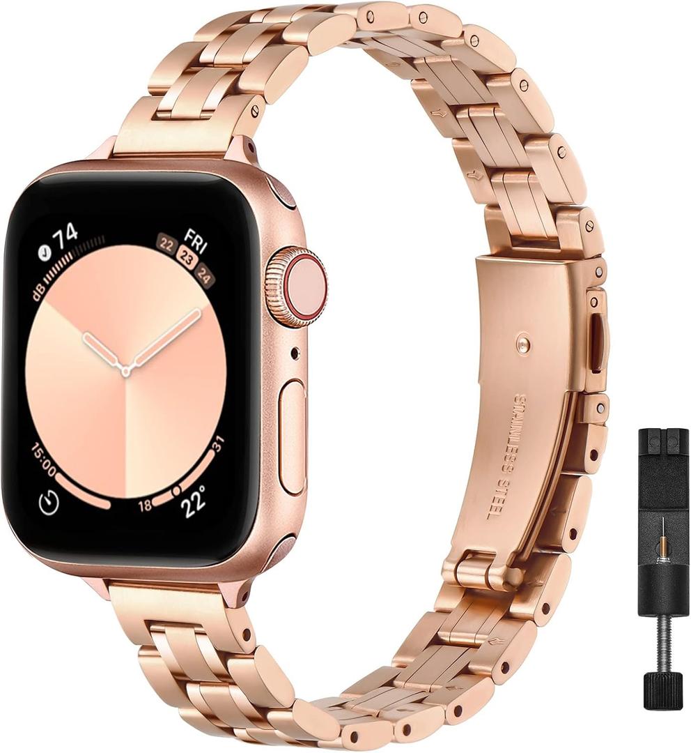 STIROLL Thin Replacement Band Compatible for Apple Watch 49mm 46mm 45mm 44mm 42mm(Series 3 2 1), Stainless Steel Metal Wristband Women Men for iWatch Ultra SE Series 11 10 9 8 7 6 5 4, Rose Gold