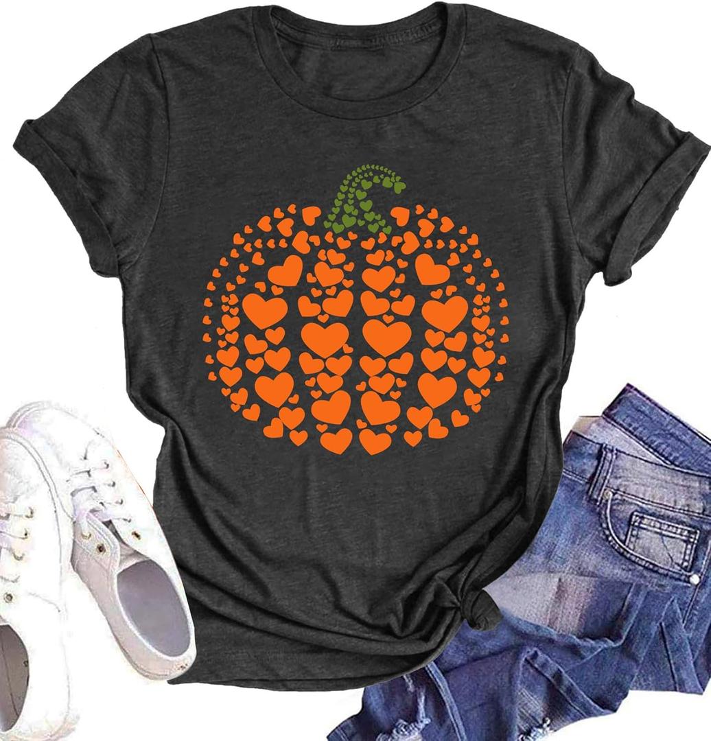 Halloween Pumpkin Shirt Women Leopard Graphic Tees Short Sleeve Fall T-Shirt Thanksgiving Gift Tops (Small, Gray)