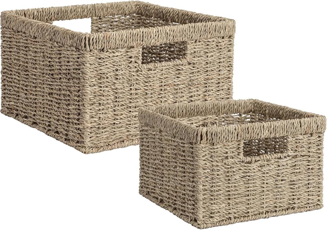 StorageWorks Wicker Storage Baskets, Large and Small Baskets, Handwoven Seagrass Basket for Organizing, Decorative Wicker Baskets with Built-in Handles, Set of 2 (11"D x 11"W x 7"H + 9"D x 9"W x 6"H)
