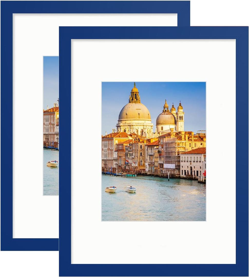 wyooxoo 9x12 Picture Frame Set of 2 Dark blue Solid Wood Photo Frames Display Pictures 6x8 with Mat or 9x12 Without Mat Colorful Frame For Horizontal Vertical Wall Mounting