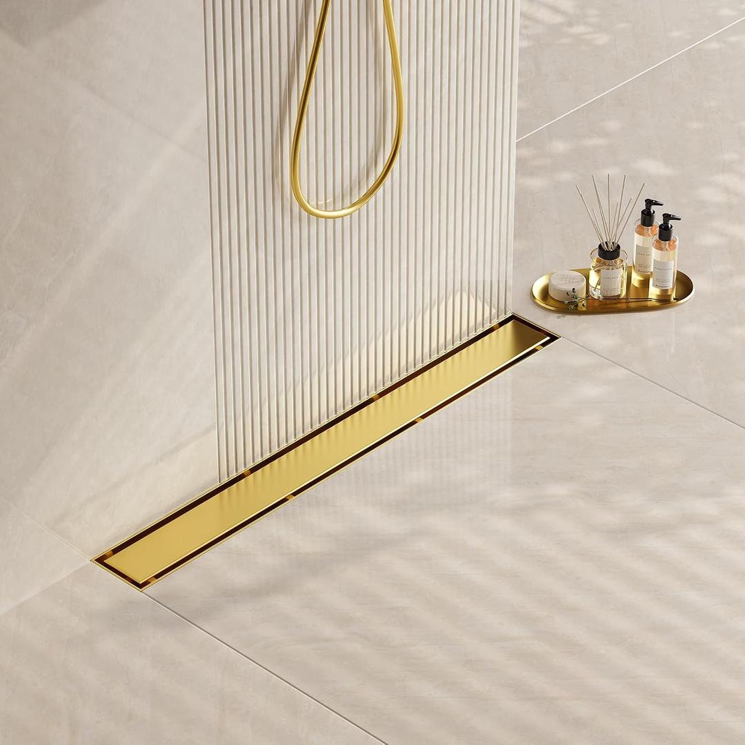 Neodrain 18-Inch Gold Linear Shower Drain, 2-in-1 Flat & Tile Insert Cover, Stainless Steel Linear Drain, Brushed Brass Rectangle Shower Floor Drain with Hair Strainer, Watermark&CUPC Certified