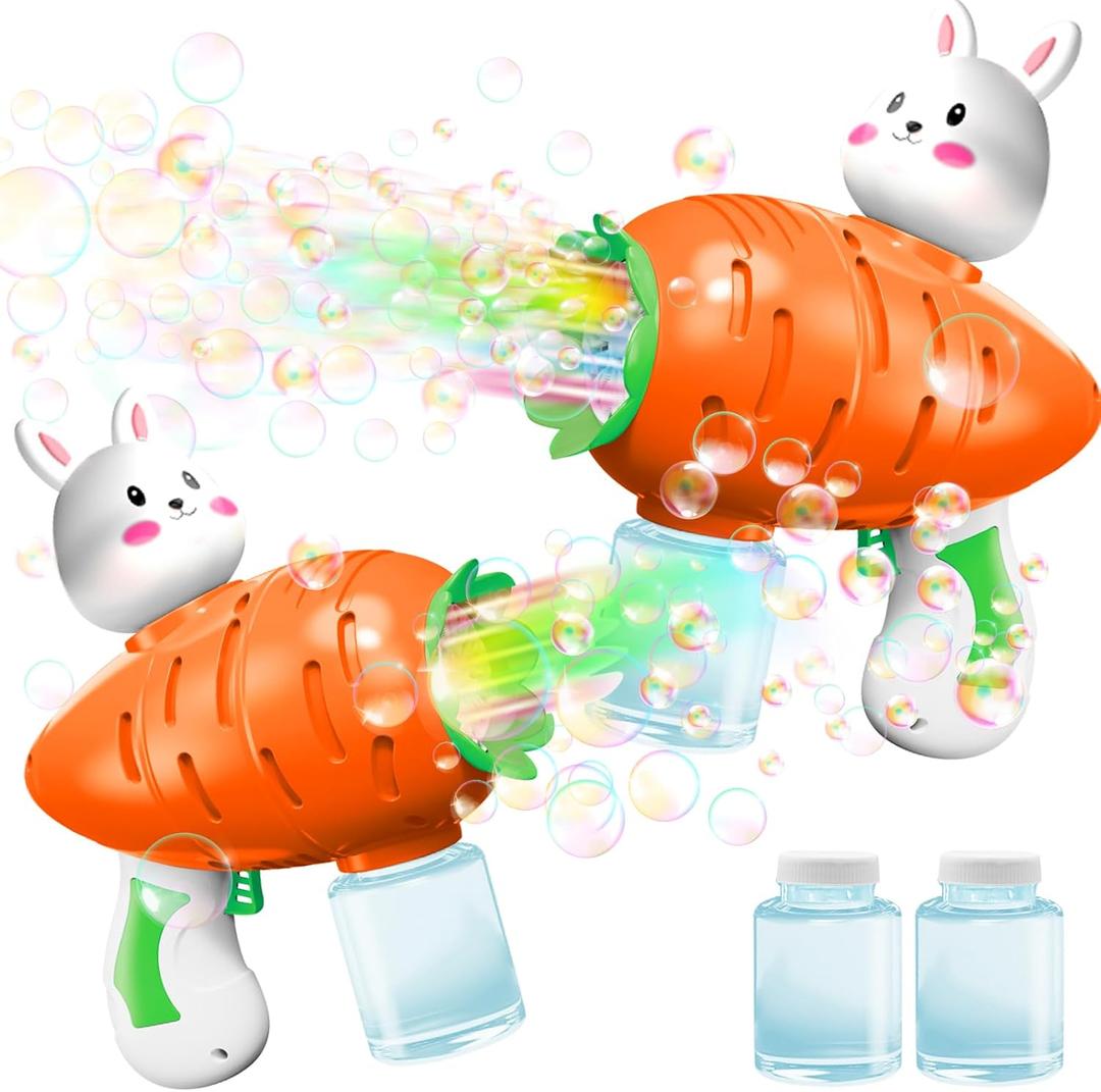 2 Pack Easter Lighted Bunny Bubbles Guns Toys for Kids Toddlers Boys Girls Easter Basket Stuffers, Light Up Bubble Blower Machine with Solution Kids Party Favors Outdoor Game Classroom Prize Gifts