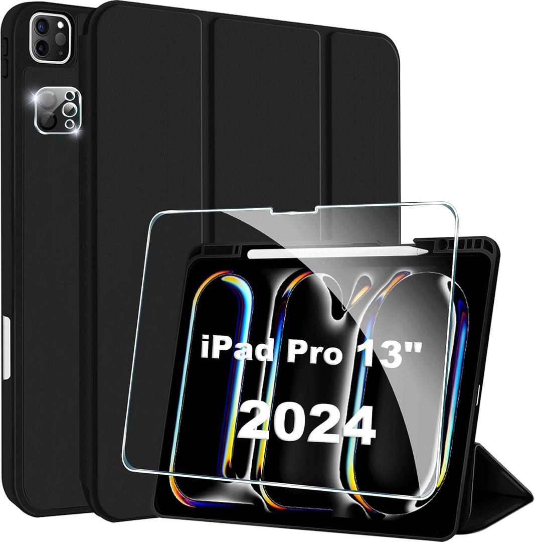Protective Case for New iPad Pro 13 Inch (M5) 2025, Soft TPU Silicone Anti-Scratch Anti-Drop with Pencil Holder (Case+ Screen Protector+Camera Lens Protector) Black