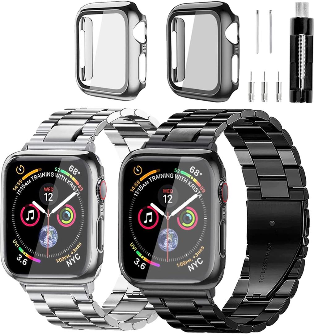 Stainless Steel Band and Case Compatible With Apple Watch  42/44/45mm (Series1-9,SE 1/2/3),Men Women Classic Classy Metal Business (Black&Silver)
