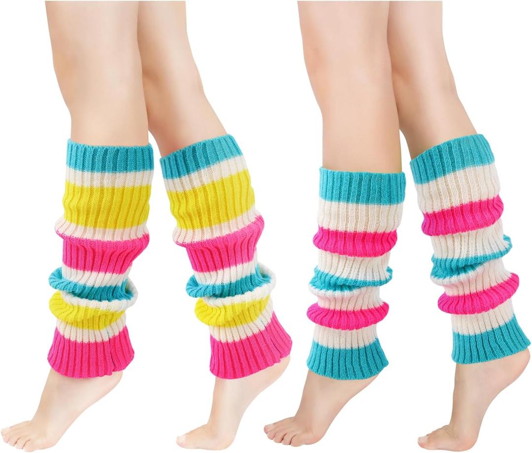 Junely 2 Pairs Leg Warmers for Women 80s Ribbed Knit Leg Warmer Pack for Ballet Dance Figure Skating Yoga Party Neon (Colorful)