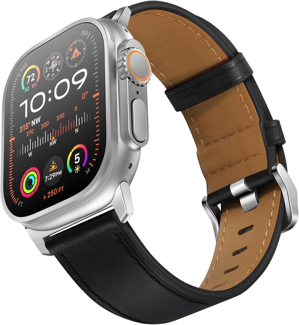UUPWPOKT Leather Band Compatible with Apple Watch Ultra 3/2/1 Band 49mm 46mm 45mm 44mm 42mm Men, Genuine Leather Strap for iWatch Ultra Series 11 10 9 8 7 6 5 4 3 2 1 SE 3/2/1, Black/Silver