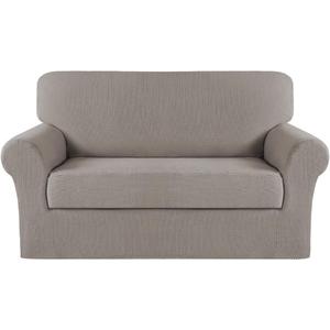 Turquoize Stretch Sofa Slipcover 2 Pieces Sofa Cover Couch Cover for 2 Cushion Couch Washable Furniture Protector Covers with Elastic Bottom Feature Thick Jacquard Fabric (Loveseat, Taupe)