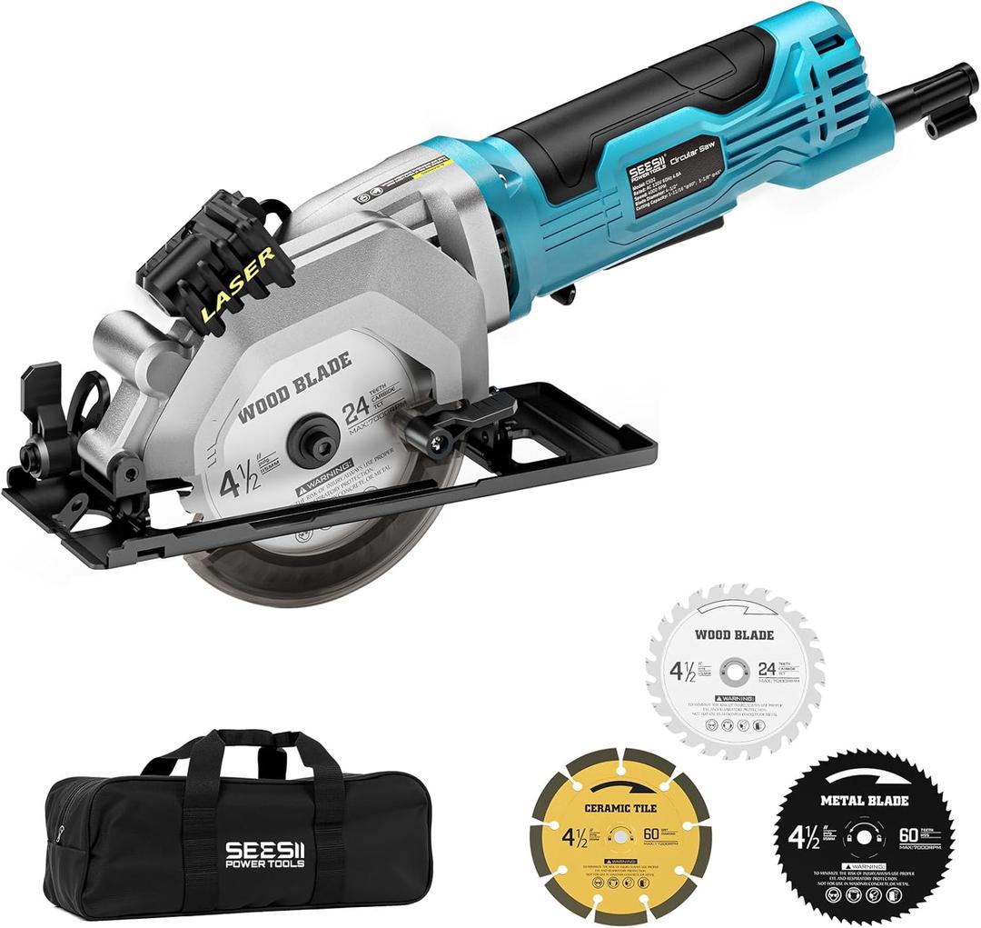 Seesii Mini Circular Saw with Laser Guide,4.8A 4000 RPM Compact Corded Circular Saw with Rip Guide,3 Blades (4-1/2") for Wood,Soft Metal,Tile,Plastic Cutting,Max Cut Depth 1-11/16"(90),1-1/8" (45)