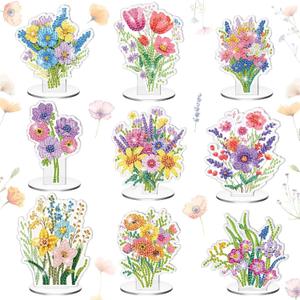 Kosiz 9 Pcs Wildflower Diamond Painting Tabletop Decorations Flower Diamond Art Kits for Adults Double Sided Acrylic Floral Table Centerpieces for Tabletop Beginner DIY Crafts Gifts Home Party Decor