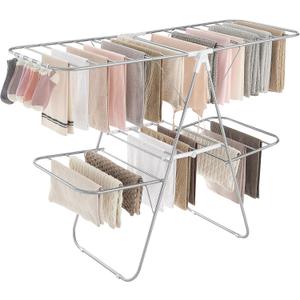 SONGMICS Clothes Drying Rack, Foldable 2-Level Laundry Drying Rack, Free-Standing Laundry Airer, with Height-Adjustable Wings, 33 Drying Rails, Sock Clips, Silver and White ULLR053W01V1, 2 Tiers22"d X 61.8"w X 64.3''h )