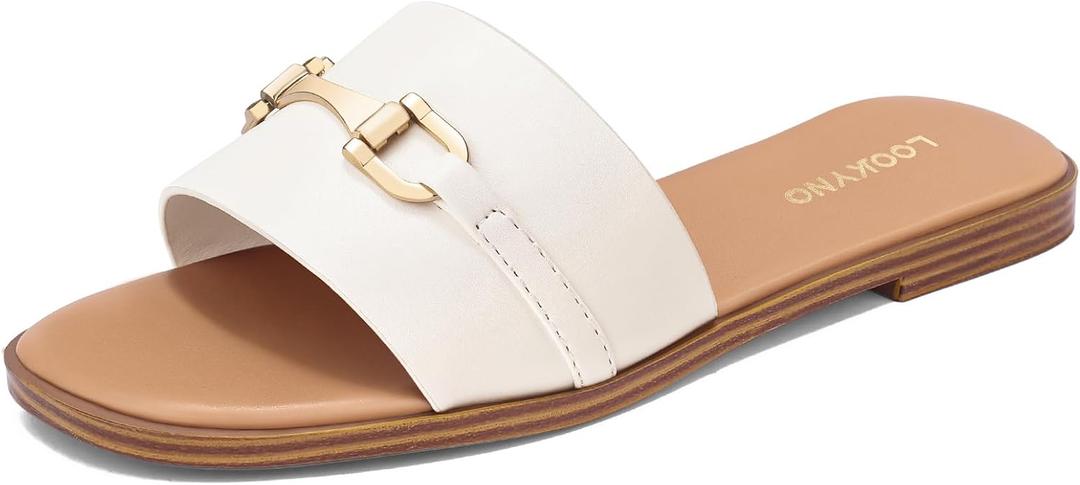 Womens Flat Sandals Dressy Square Open Toe Summer Slides Sandals Slip on Comfortable Leather Sandals for Women, Size 38
