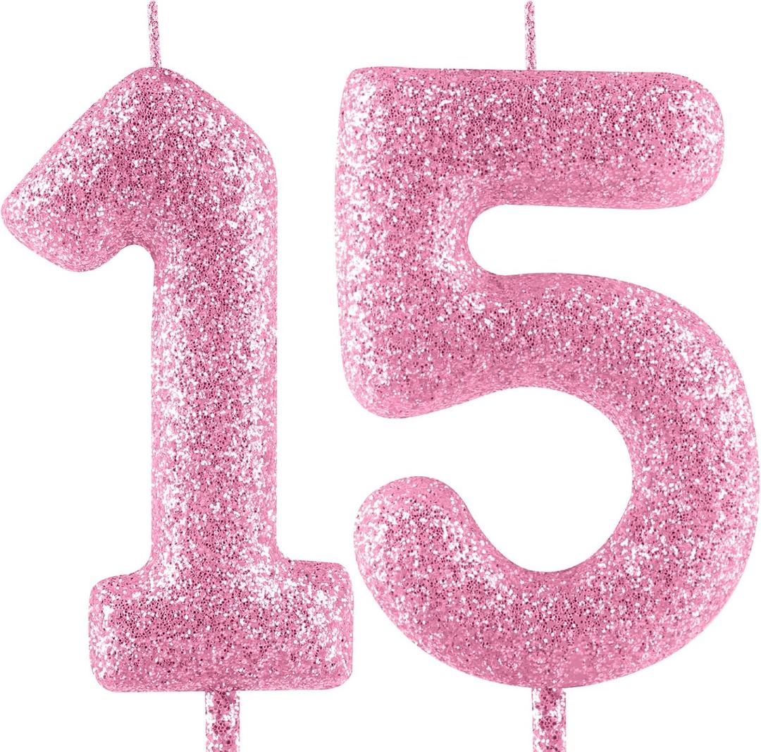 Glitter Pink Birthday Candles,Number 15 Candle,Happy 15th Birthday Candles for Girls Cake Topper Decor,2.36inch Number Candle Party Celebration Anniversary Decoration