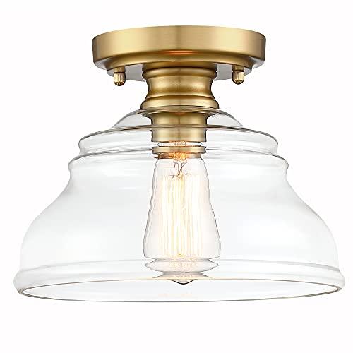 MEXO Industrial Semi Flush Mount Ceiling Light Modern Clear Glass Light Fixture Farmhouse 10" Close to Ceiling Lights in Brushed Gold for Hallway Bedroom, Kitchen Entryway Cafe Bar Porch Dinning Room