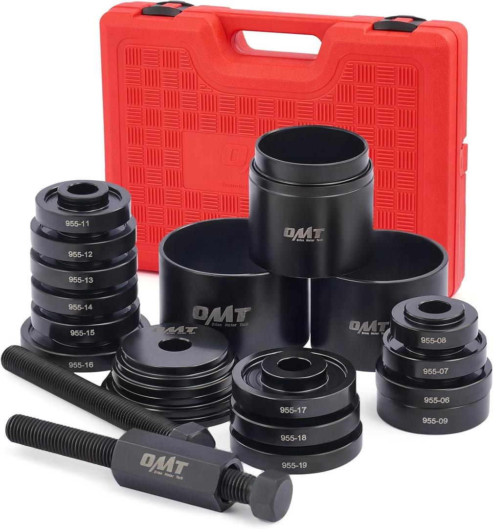 Orion Motor Tech Wheel Bearing Press Kit for Front Wheel Drive Bearing Removal & Installation, 24pc Wheel Bearing Puller Tool Set with Sliding Screws Universal Bushings Sleeves Storage Case (RED,BLACK)