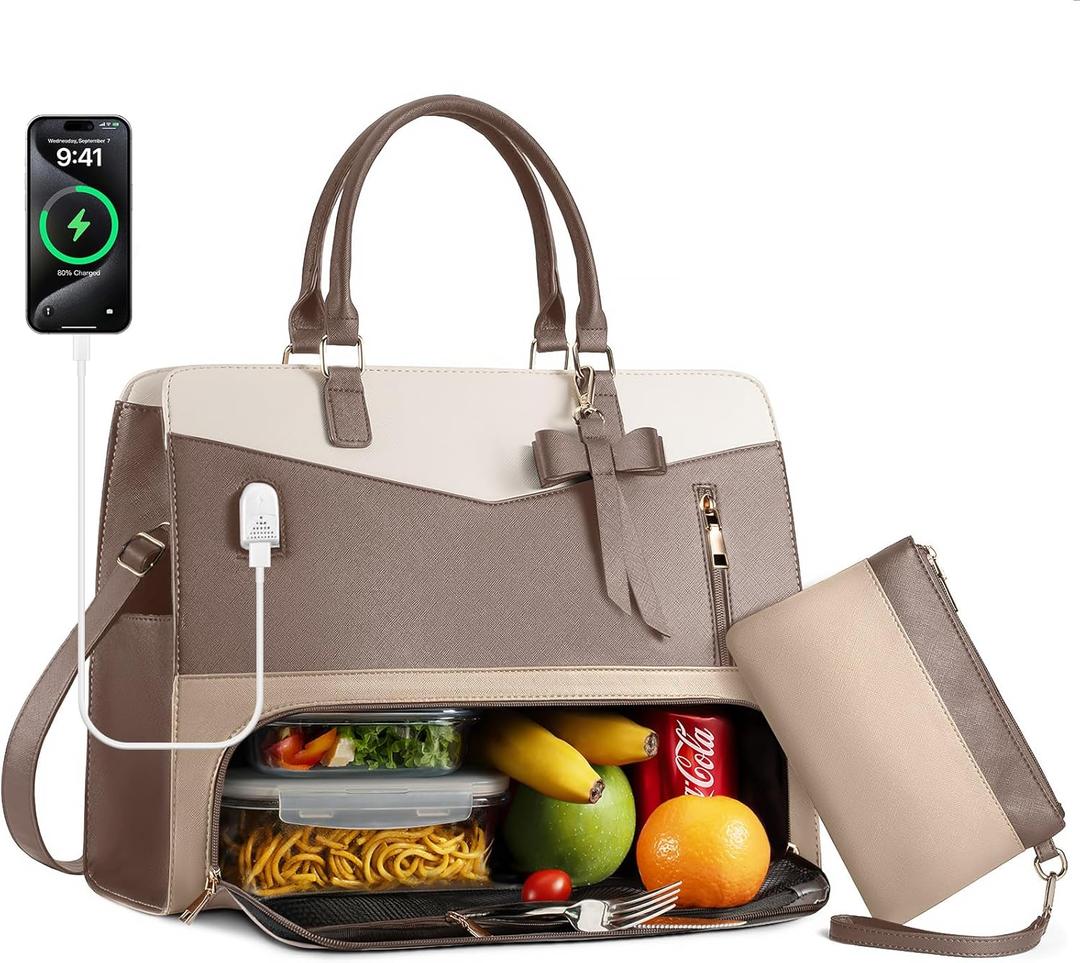 Lunch Tote Bag for Women 2 in 1 Laptop Work Bag with Lunch Insulated Compartment and Purse Combo Leather Crossbody Bag (Khaki Brown), Large