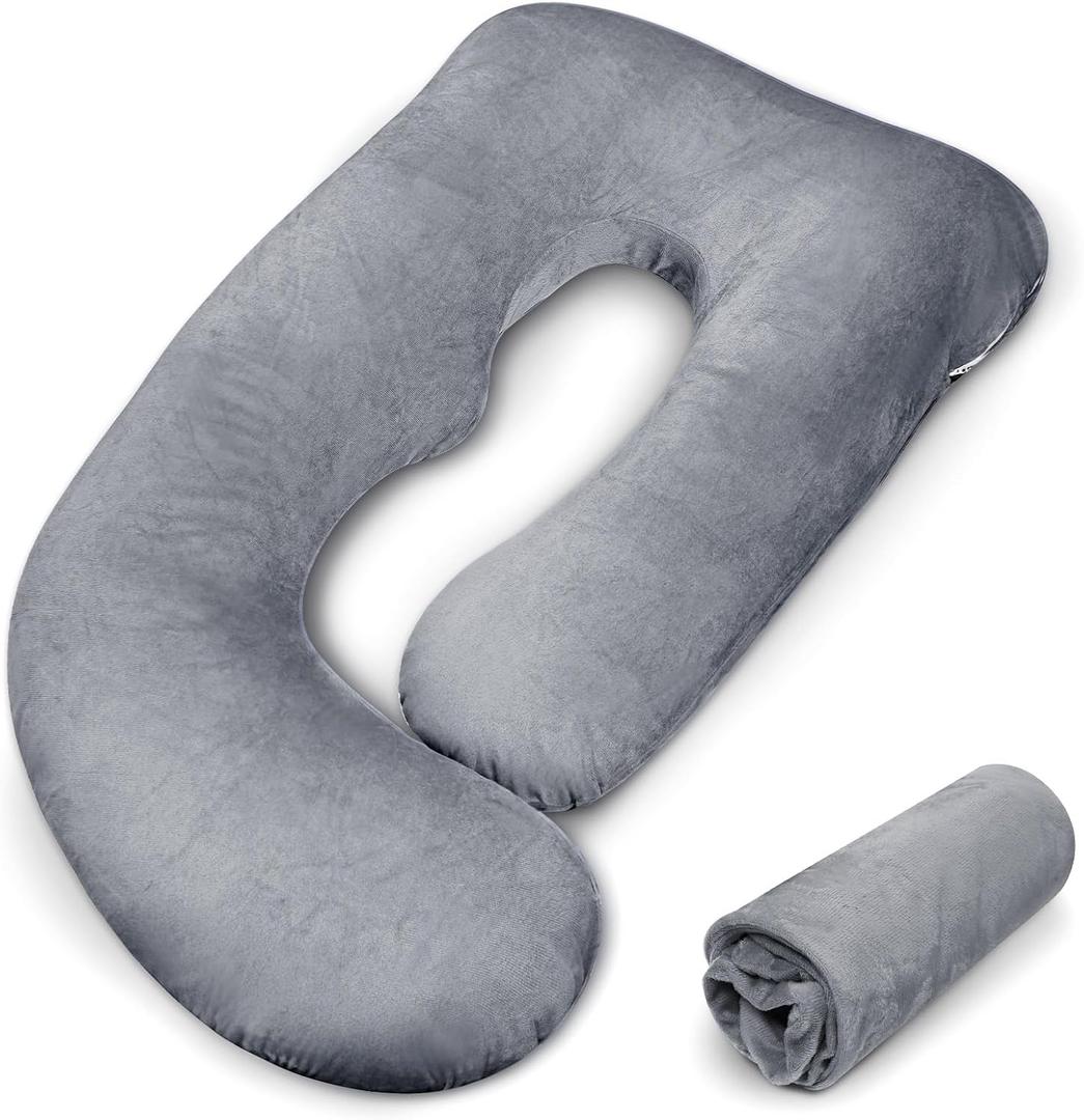 Pregnancy Pillow Cover J-shaped Replacement Pillowcase(Cover Only), Soft Full Body Pillow Case for Maternity Pillows, Provides Sleep and Pregnancy Support, 100% Velvet with Zipper, Universal Fit, Grey