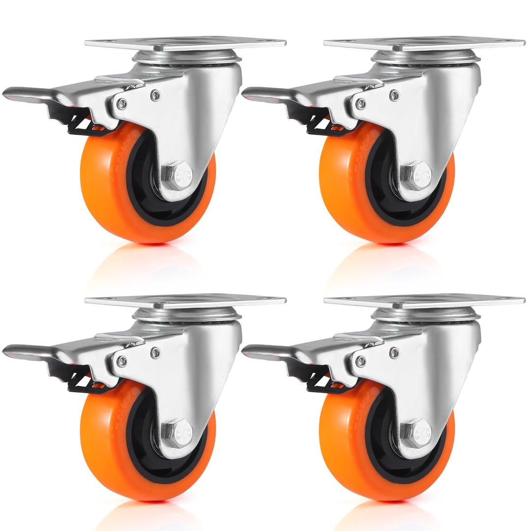 3-inch Medium-Sized Rotating casters, Set of 4, Suitable for Furniture Weighing Less Than 800 pounds workbenches, with a 360 Degree top Plate Lockable Heavy-Duty Orange PVC Roller