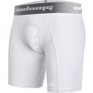 COOLOMG1 Pack Mens Compression Shorts with Cup Pocket Athletic Protective Underwear for Baseball Football MMA Lacrosse White, Small