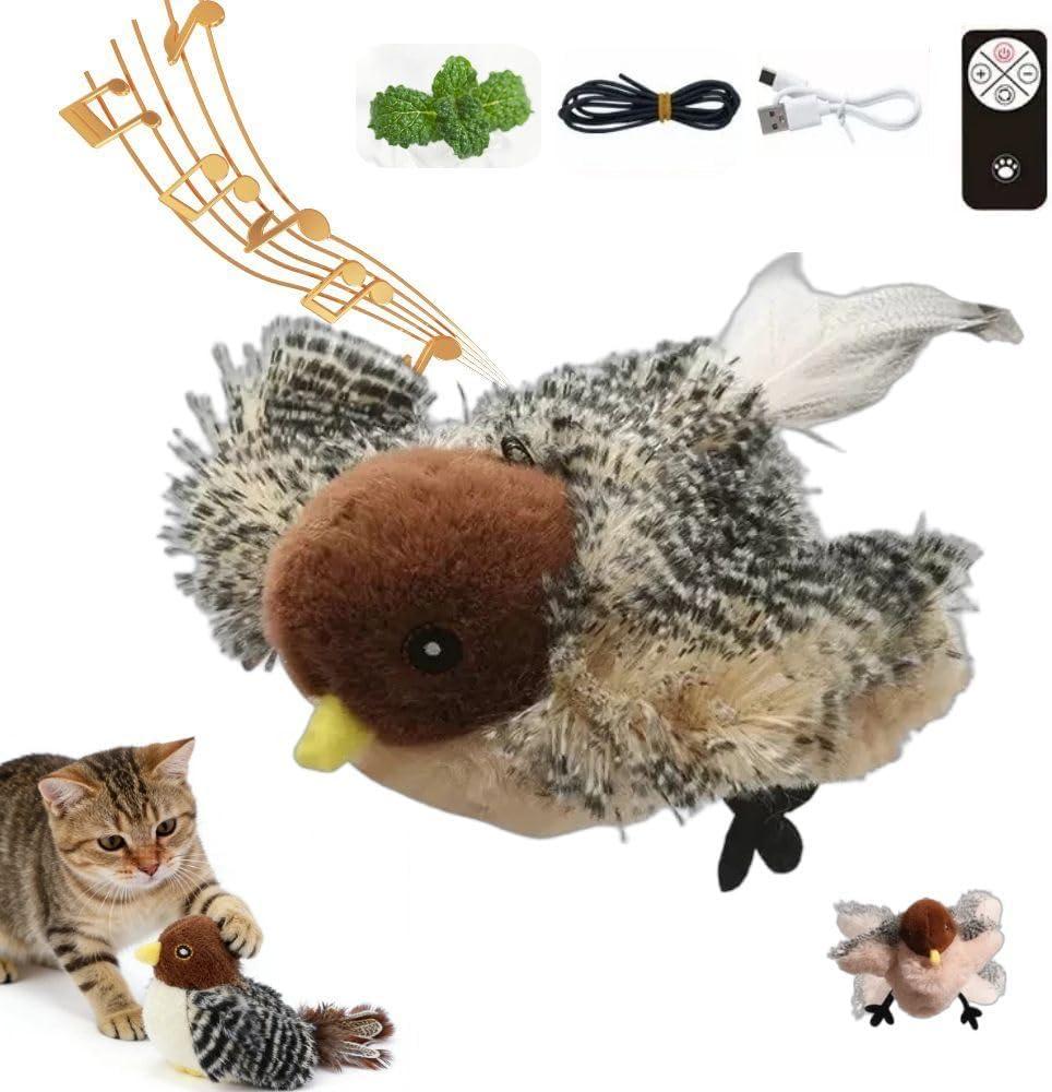 Flappy Fella Flying Bird Cat Toy with Realistic Chirping & Minty Scent - Interactive Cat and Owner Play, Boredom Relief Meow Chase Toy, Durable & Bite-Proof for All Cats (2.0-Sparrow)