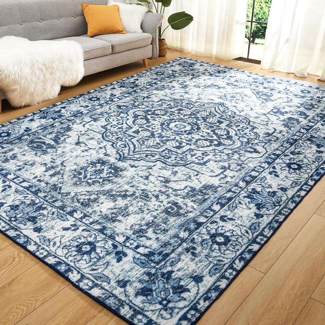 Comeet Vintage 5x7 Non Slip Washable Area Rug, Low Pile Floral Print Indoor Carpet for Living Room, Non Shed Floor Accent Rugs for Bedroom Dining Room Home Office Decor, Updated Blue (5' x 8' (Rectangular))