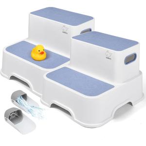 Blue Toddler Step Stool for Bathroom Sink, 2 Step Stool for Kids Kitchen Sink, Heavy Duty Stepping Stool for Toddlers Toilet Potty Training (2 Pack, White-Blue)