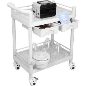 Beauty Trolley Cart with Wheels, Esthetician Cart with Handrail, Bucket and 2 Big Drawer, 2 Tier Heavy Duty Vacuum Therapy Machine Trolley, Load 330lbs, 360 Rotate Silent Wheels