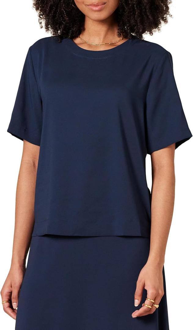 Amazon Essentials Women's Regular-Fit Georgette Short Sleeve Top, Navy, Medium
