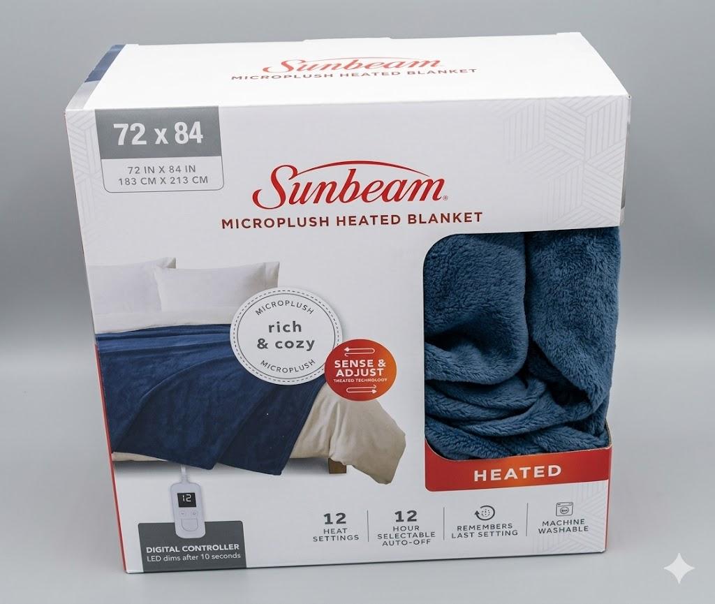 Sunbeam Microplush Queen Electric Heated Blanket with Preheat Feature Two Digital Controller 10-Heat Settings Auto Shut-Off , UL Certified for Safety, Legion Blue, Full