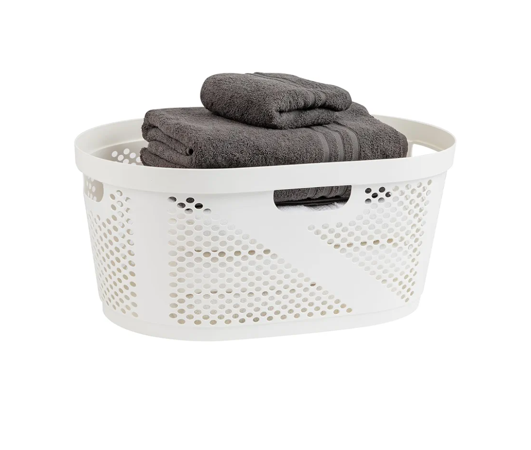 Mind Reader 40L Laundry Basket, Clothes Hamper, Wicker Design, Plastic, 23"L x 14.5"W x 10.5"H, White